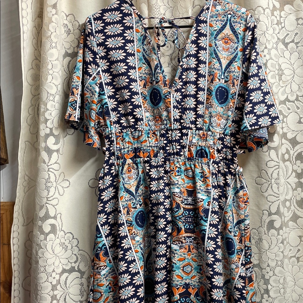 SHEIN Bohemian Blue and Orange Patterned Dress - Picture 5 of 6